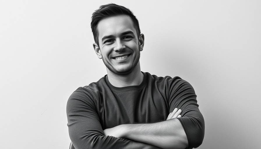Monochrome portrait of man, calm expression, seated position.