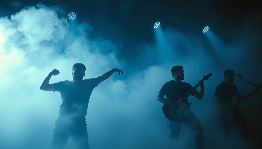 Silhouetted band performing with fog and blue lighting, AI technology in music creation.