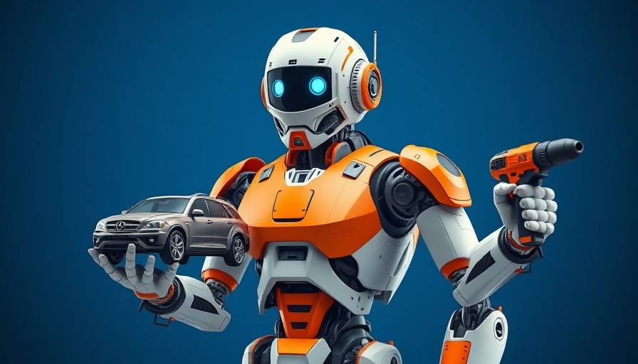 Futuristic humanoid robot by China EV giants holding car and tool.