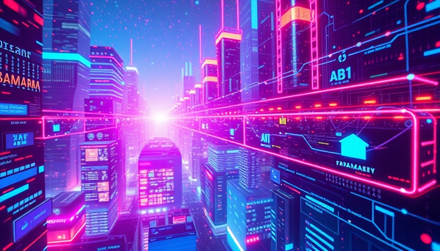 Futuristic cityscape representing blockchain and AI convergence with neon lights.
