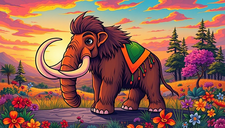 Cartoon mammoth with DNA strand in vibrant psychedelic landscape.