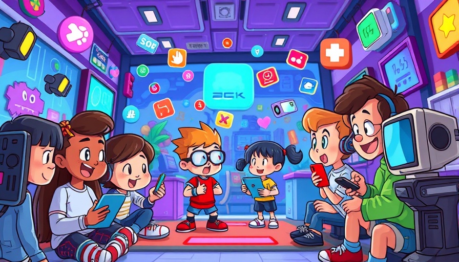Cartoon scene of digital interaction, vibrant colors