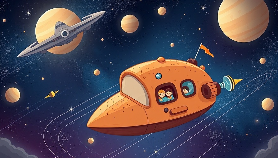 Whimsical podcasters aboard a bread spaceship critiquing tech, cartoon.