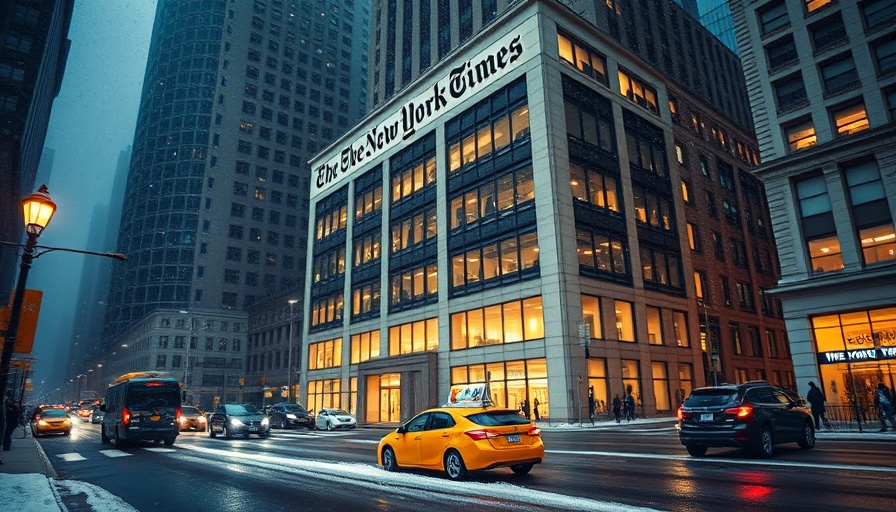 The New York Times building with snowy night traffic scene.
