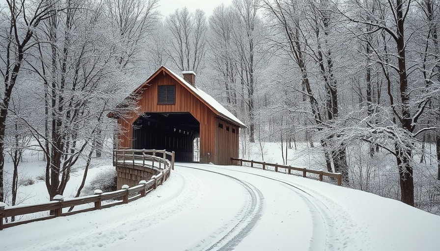 Winter Travel Vermont: Classic wooden covered bridge in snowy landscape.