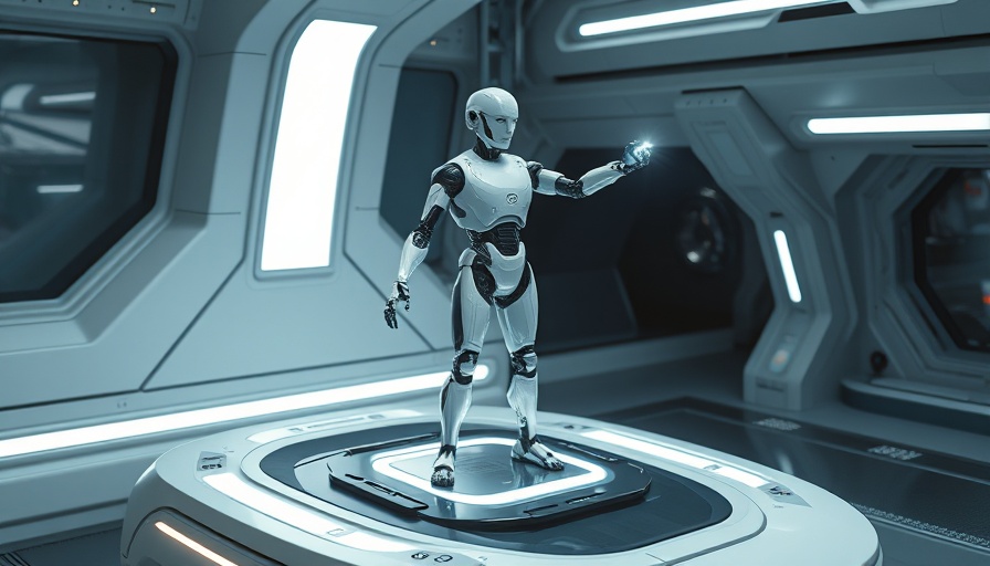 Futuristic robot on a platform in edge computing setup.