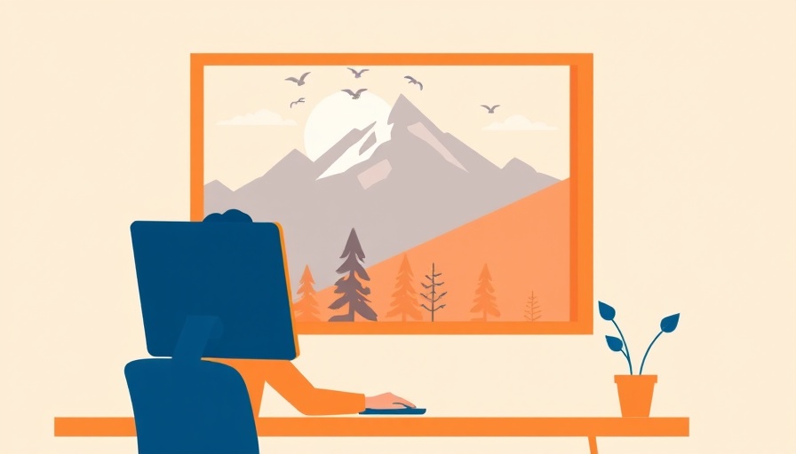 Illustration of a healthy workplace with mountain view.