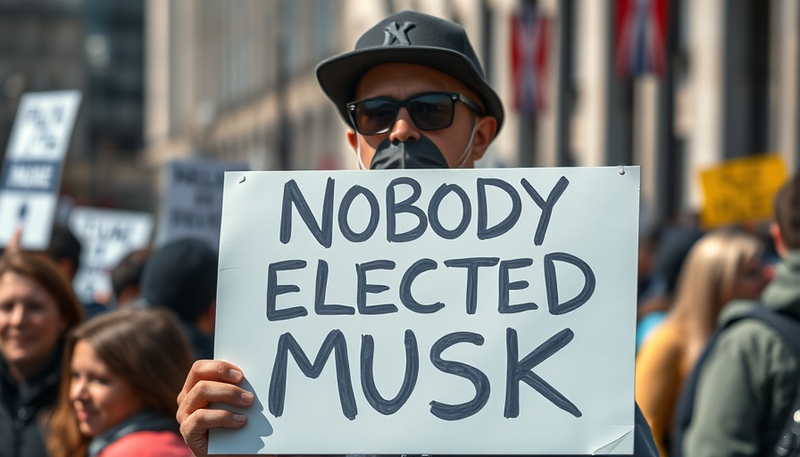 Protester sign 'Nobody Elected Musk', urban crowd, photorealistic.