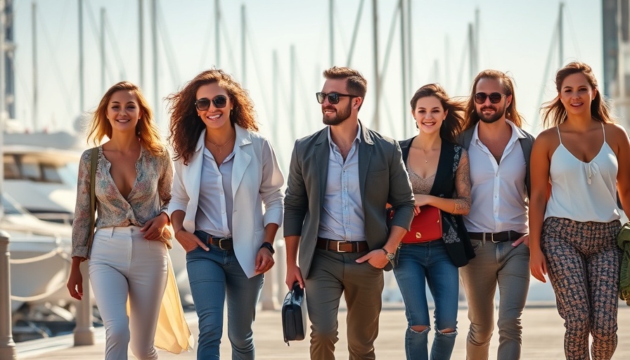 Stylish group strolling by marina in cinematic scene, warm lighting.