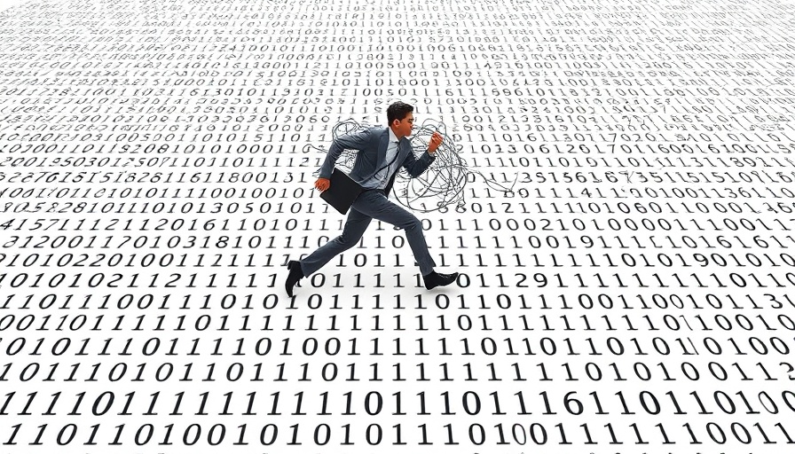 Businessperson running with binary code, symbolizing data complexity.