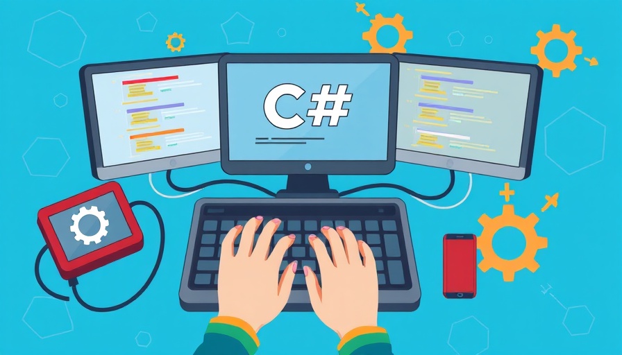 C# Threading and Multithreading Guide illustration with tech elements.