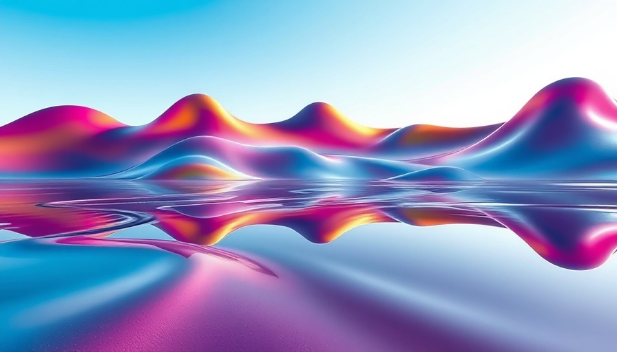 Vibrant abstract shapes reflecting landscape, high-resolution photorealistic design.