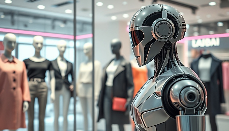 Futuristic humanoid robot in a fashion store observing mannequins, AI marketing strategies