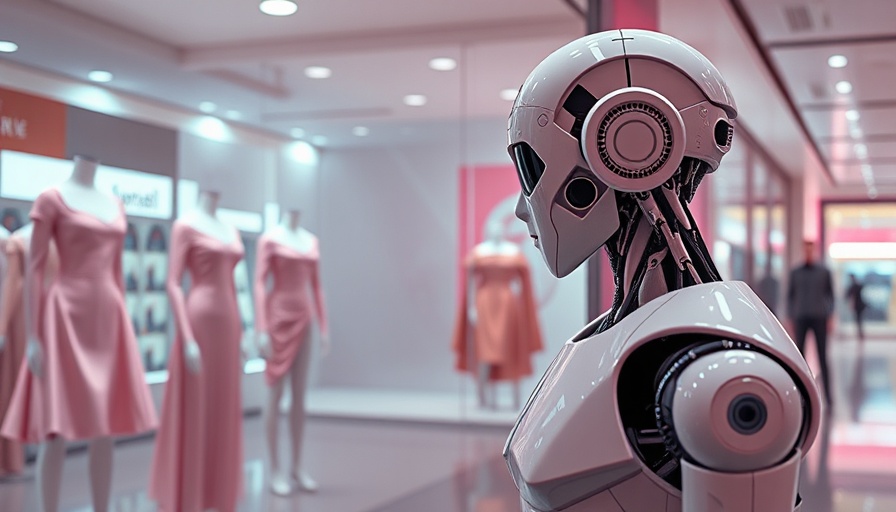 AI in Business Branding: Robot observing mannequins in shop window.