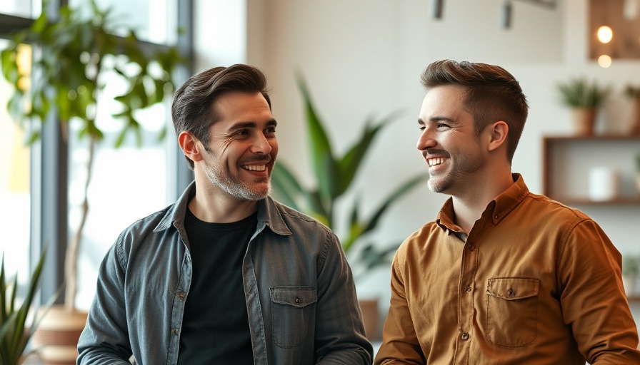 Two smiling men discussing in a modern setting, GKE simplicity.