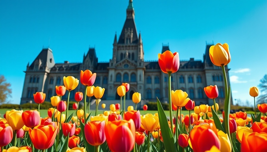 Parliament Building in Ottawa with tulips in full bloom.