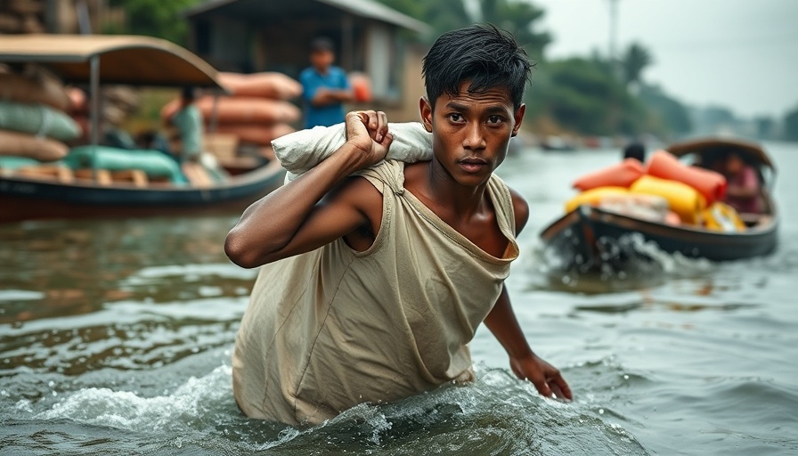 Man carrying food aid sack through water next to supply boats.