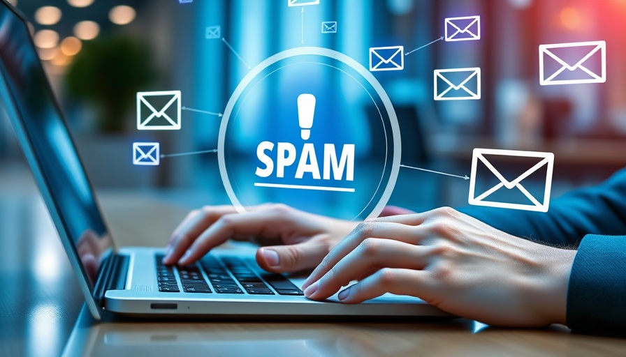 Hands typing on laptop with spam icon overlay, phishing attacks concept.