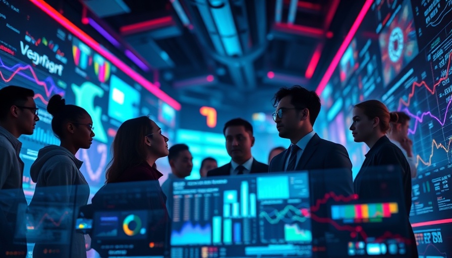 Diverse team analyzing data in a futuristic digital environment.