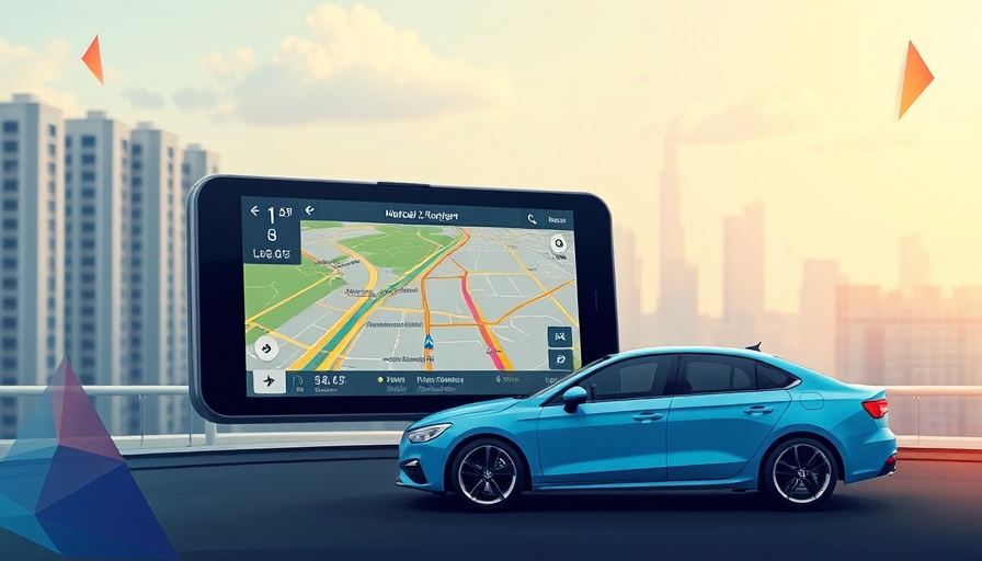 AI and Voice Assistance in Navigation: Digital map screen and car illustration.