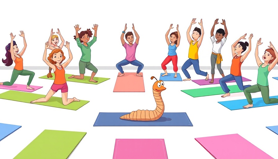 Cartoon yoga class with worm joining as biodegradable spandex alternative
