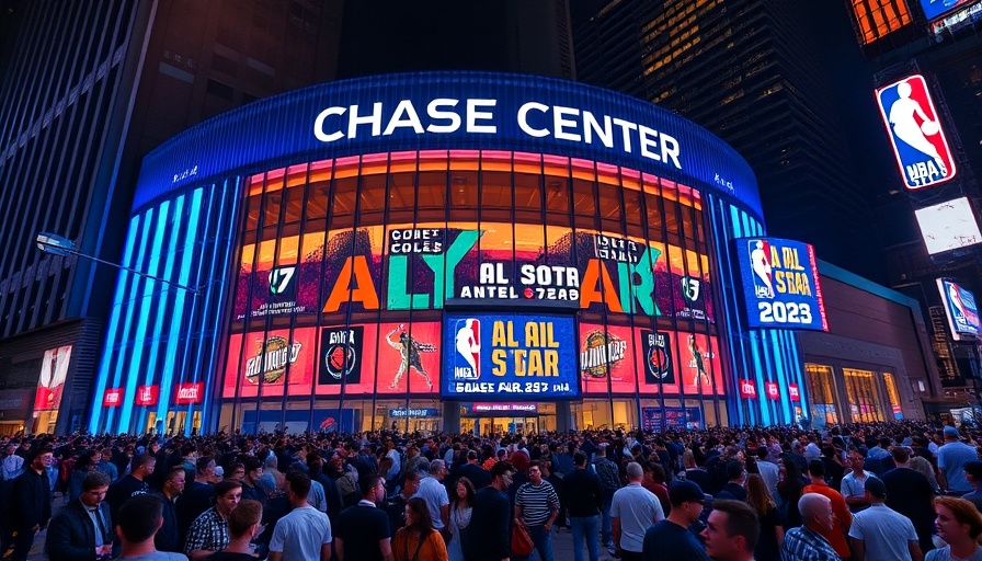 Chase Center NBA All-Star Weekend night scene with colorful graphics and crowd.