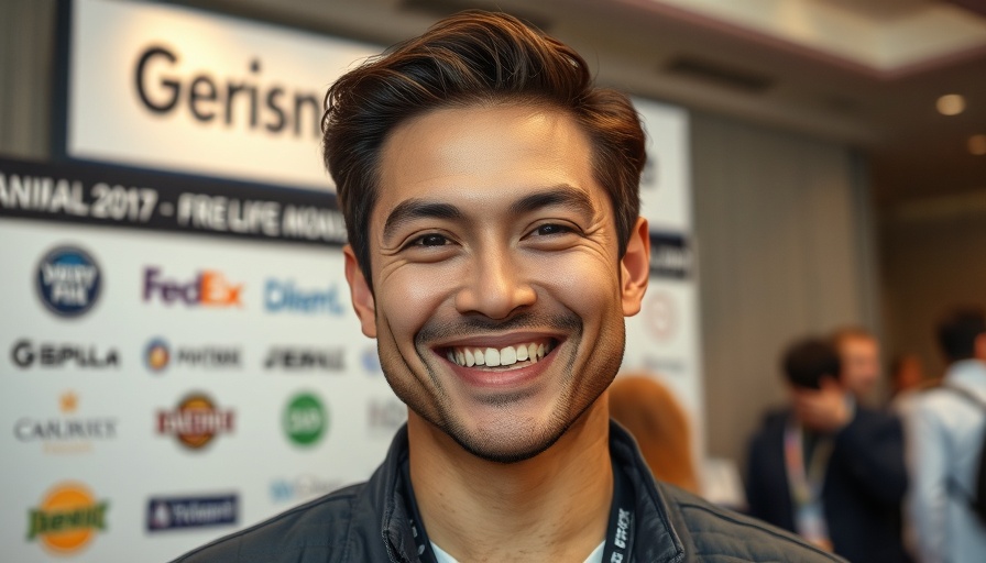 Cheerful person posing at an event backdrop with logos.