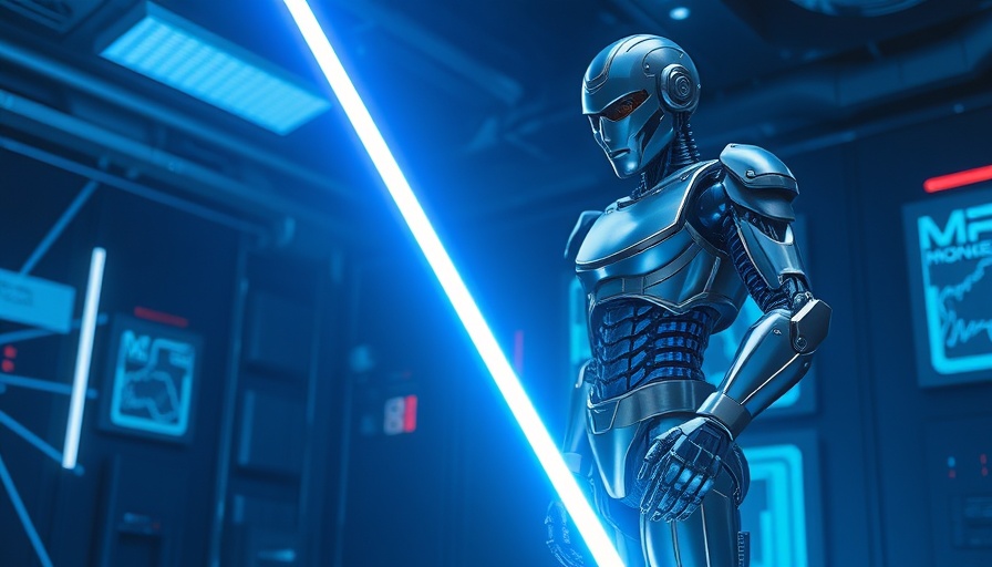Futuristic humanoid in a sci-fi setting with blue laser beam.