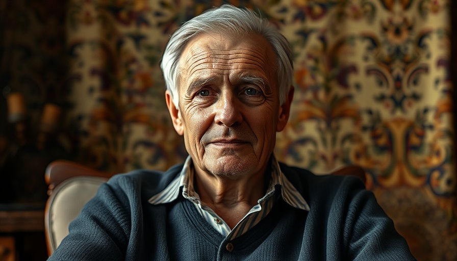 Senior man reflecting indoors, antique tapestry backdrop.