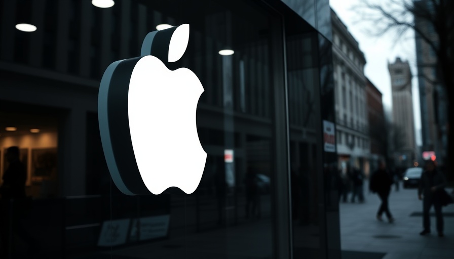Apple logo on storefront reflecting modern urban environment.