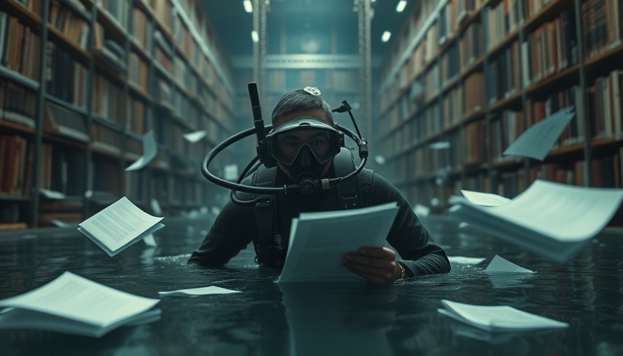Futuristic diver explores a flooded library with papers, symbolizing Google Deep Research AI tool.