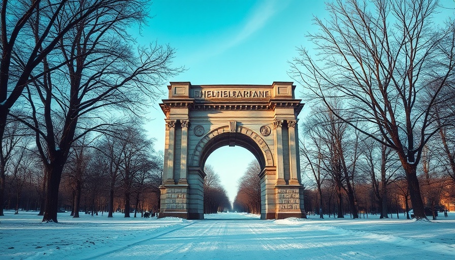 Visit Winnipeg, Manitoba: Historic arch in snowy park.