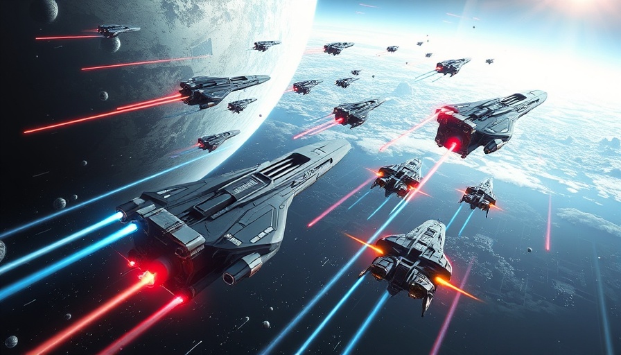 Futuristic starships in space battle, vibrant colors, best crossplay games.