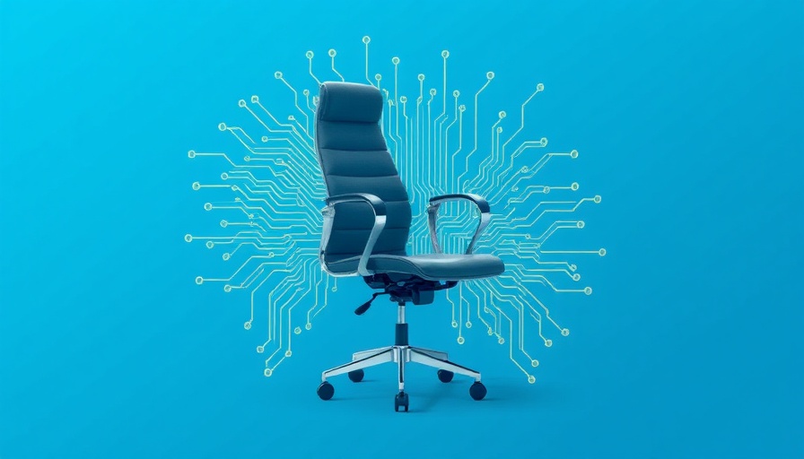 Digital circuitry and office chair on blue background, AI skills concept