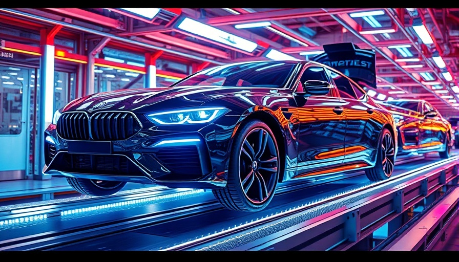 Futuristic car on an assembly line with digital glitch effects, AI agents in automotive industry.