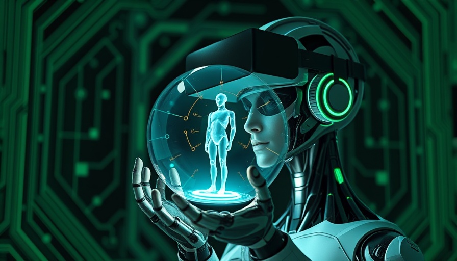 Futuristic robot with VR headset, engaging with globe hologram, showcasing AI-powered disaster response capabilities.