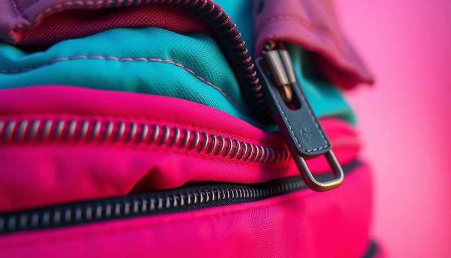 Close-up of layered clothing showcasing zippers with vibrant colors.
