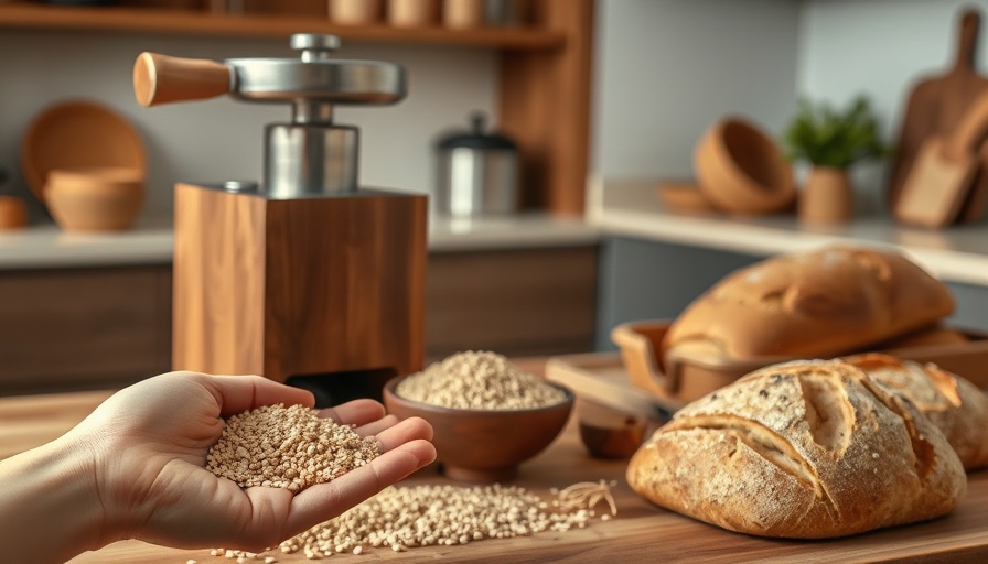 Sana Grain Mill review image with bread and grains.
