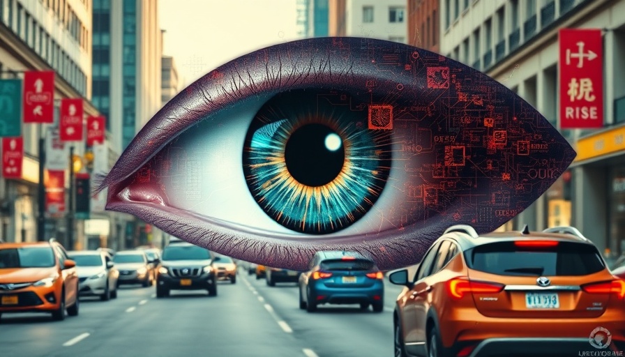 Surreal self-driving technology concept with eye symbol on urban street.