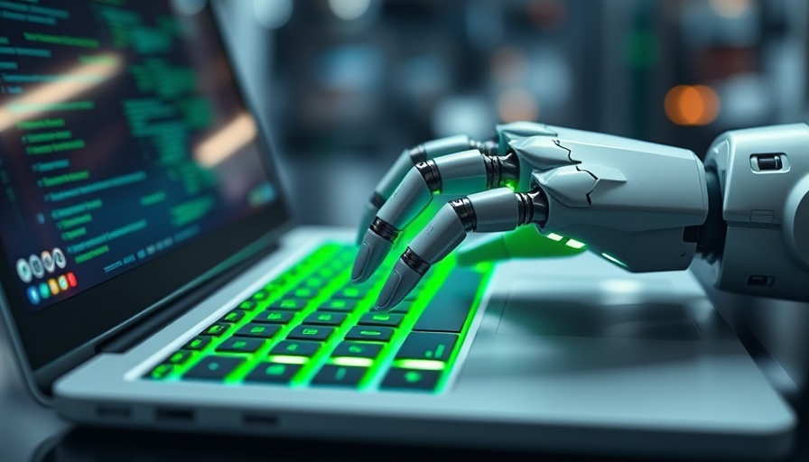 Robotic hand typing on laptop for AI app development