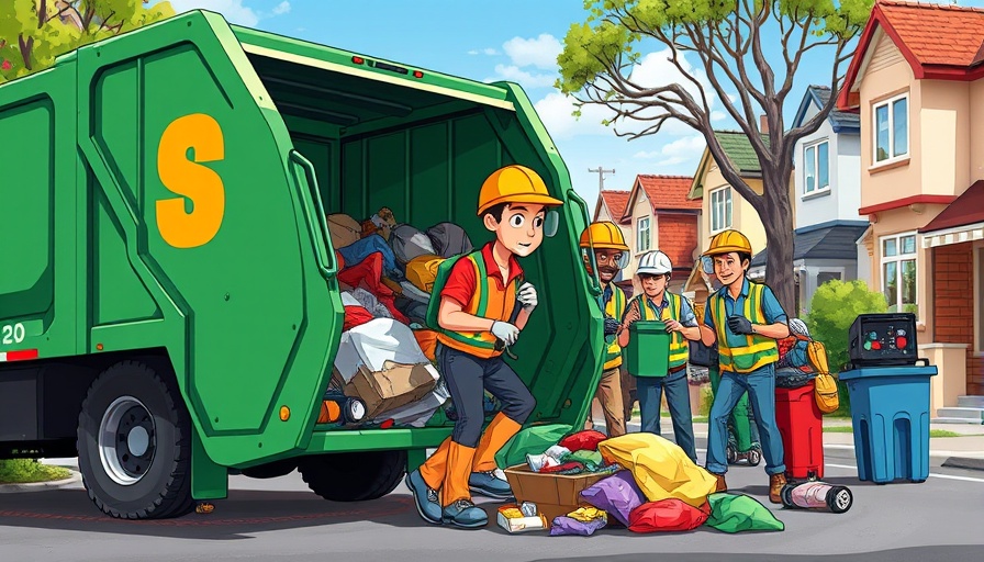 Waste collectors working by a garbage truck in a suburban street.