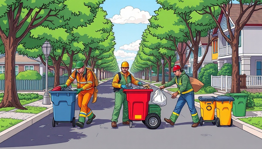Sanitation workers collecting garbage in a suburban street illustration.