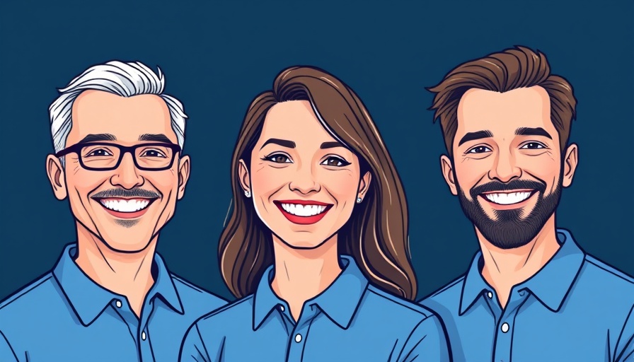 Digital illustration of three smiling people in blue shirts, mass adoption of generative AI theme.