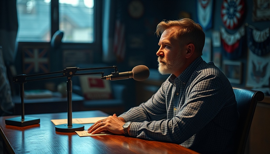 Man sitting at desk with microphone and patriotic background.