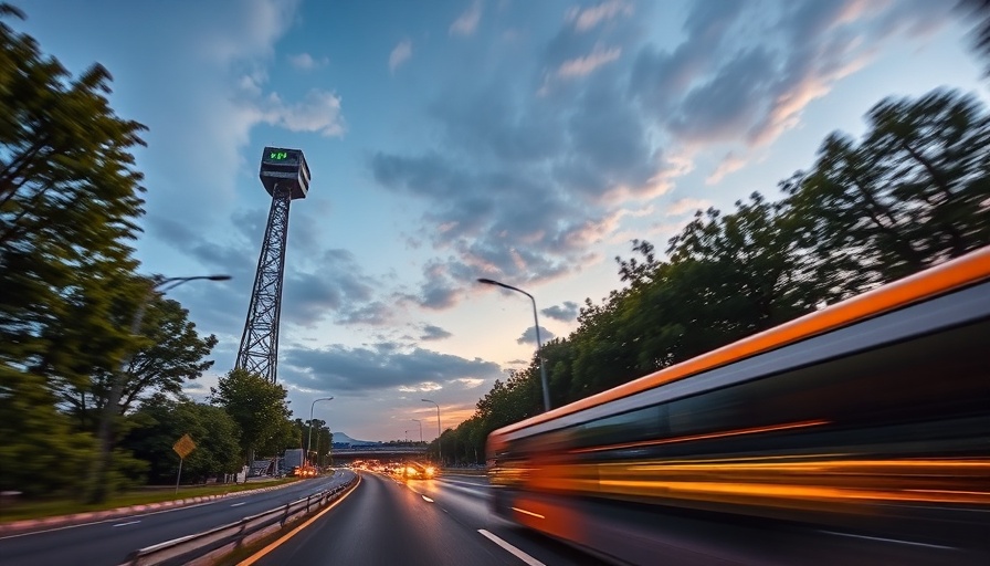 AI traffic cameras monitoring distracted driving on tree-lined road.