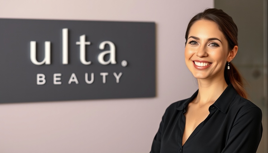 Ulta Beauty CMO with company logo backdrop, smiling confidently.