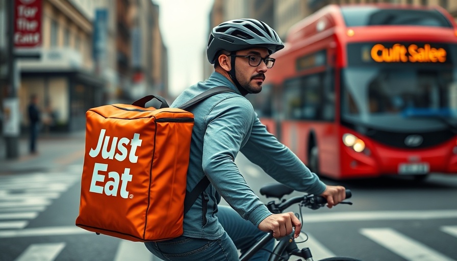 Just Eat branded delivery cyclist in city street with bus