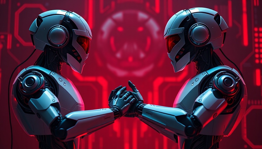 Two humanoid robots shaking hands in a digital scene.