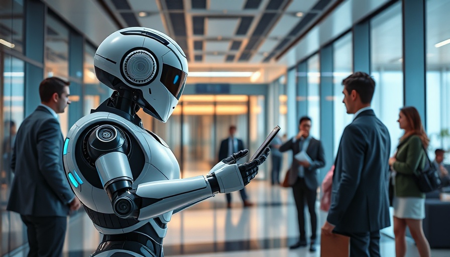 AI integration in federal workforce depicted with a robot scanning documents in a lobby.