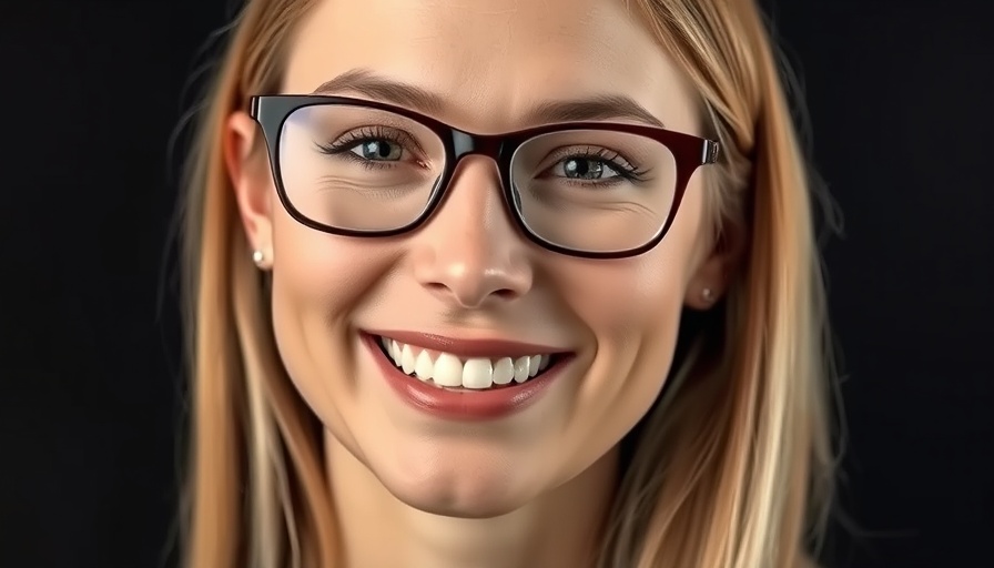 Smiling woman with glasses on a dark background, close-up view.